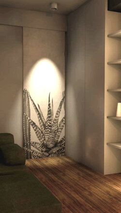 progetto di una zona salotto con porte rivestite con carta da parati con disegni di piante grasse per una ristrutturazione in Novara